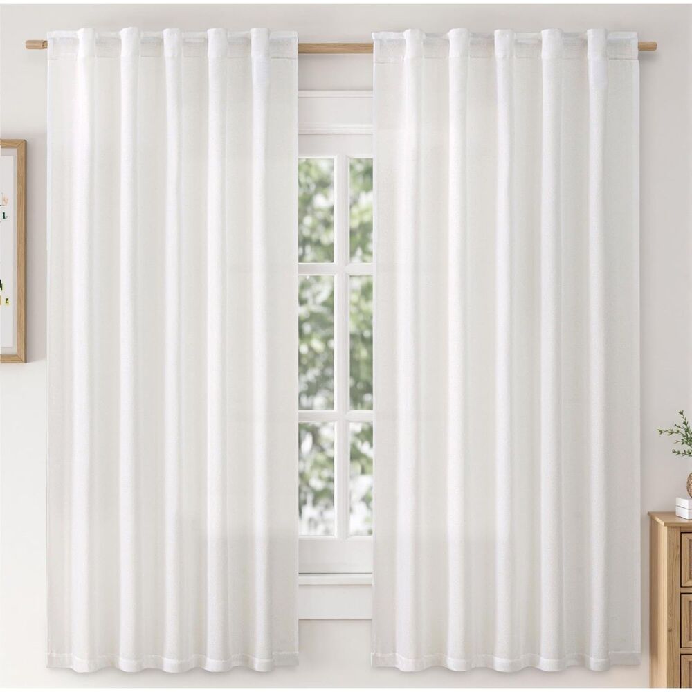 Set of 2 Curtain Panels, 42W x 63L, Faux Linen Curtains (White)